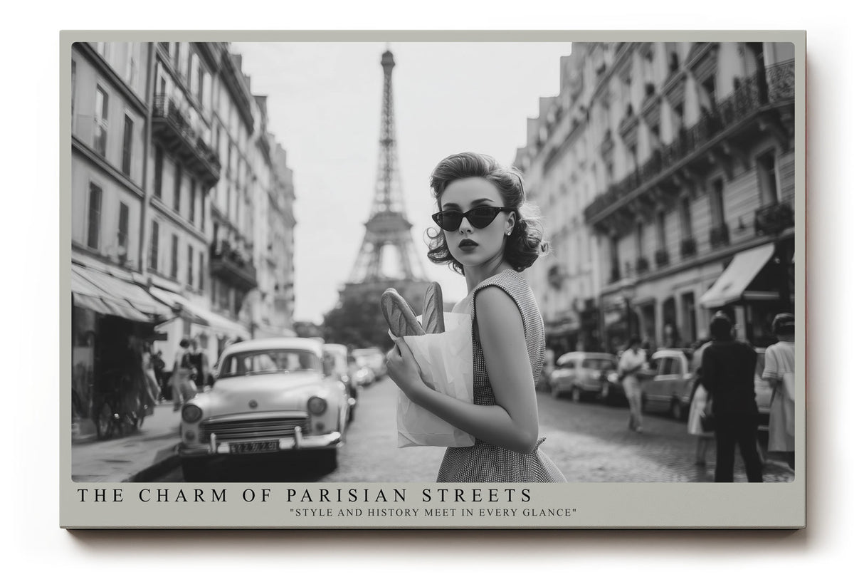 Paul Sinus Wandbild The Charm of Parisian Streets – Stilvolle Straßenszene in Paris mit Eiffelturm in Schwarz-Weiß