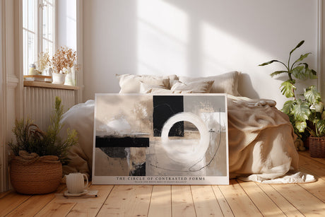 Paul Sinus Wandbild The Circle of Contrasted Forms – Abstraktes Kunstwerk mit kreisförmigem Weiß auf geometrischem Schwarz-Beige-Hintergrund, modernes Design in Balance
