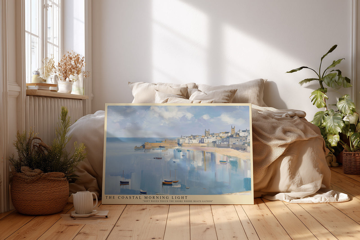 Paul Sinus Wandbild The Coastal Morning Light Impression eines ruhigen Hafenmorgens mit sanftem Licht und zarten Pastelltönen, die das Erwachen des Tages über dem Meer einfangen.