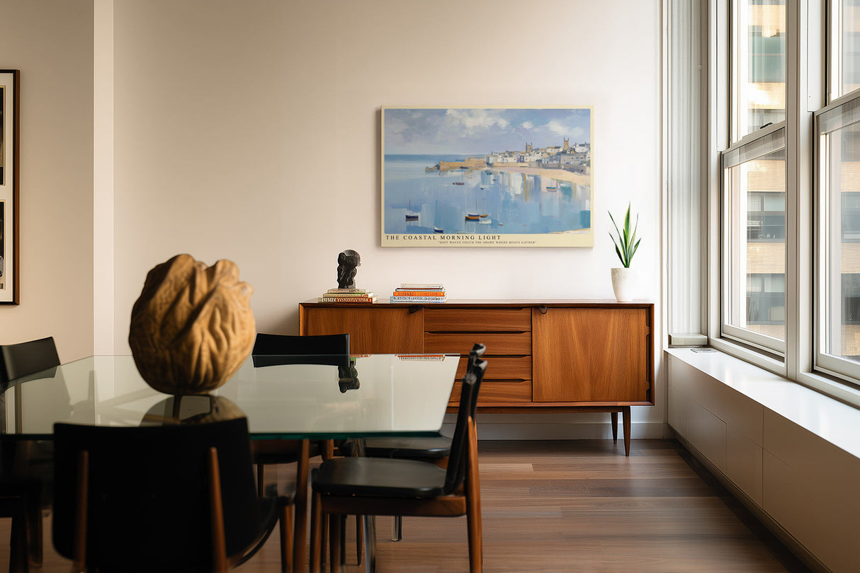 Paul Sinus Wandbild The Coastal Morning Light Impression eines ruhigen Hafenmorgens mit sanftem Licht und zarten Pastelltönen, die das Erwachen des Tages über dem Meer einfangen.