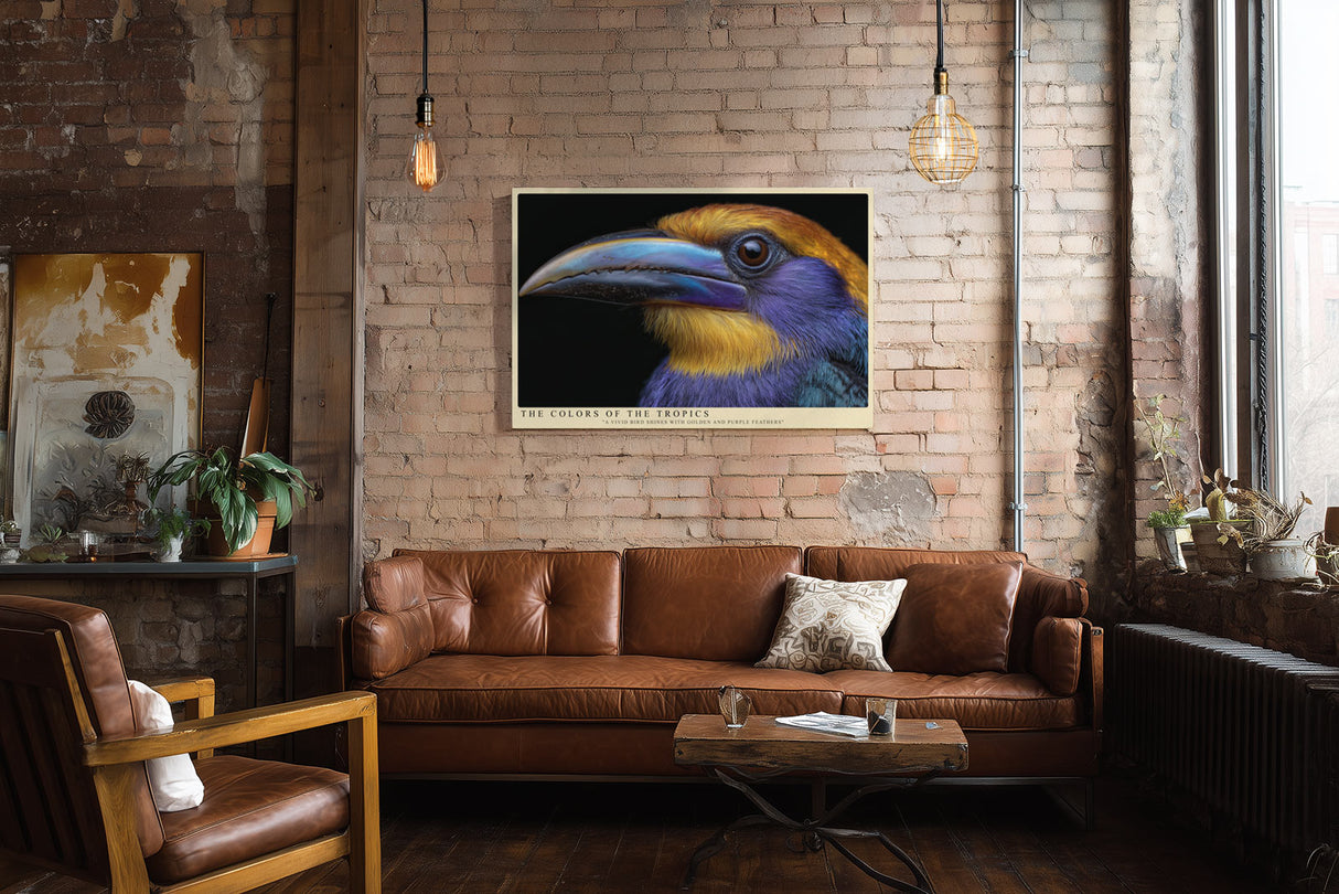 Paul Sinus Wandbild The Colors of the Tropics Ausdrucksstarkes Porträt eines tropischen Vogels mit leuchtend goldenen, violetten und blauen Federn.