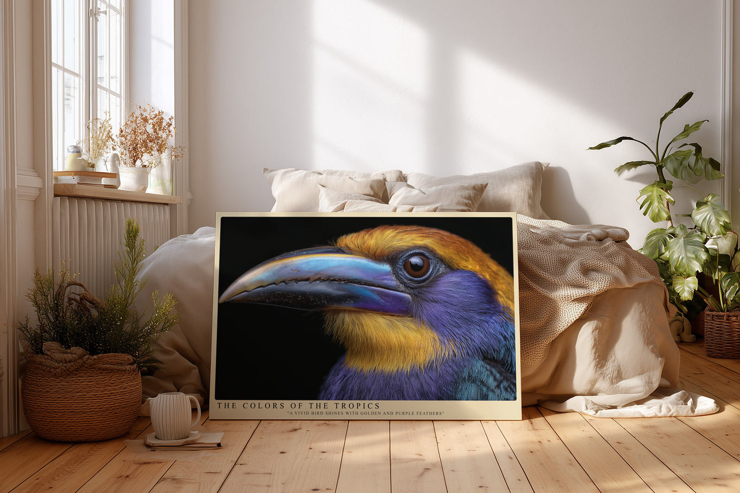 Paul Sinus Wandbild The Colors of the Tropics Ausdrucksstarkes Porträt eines tropischen Vogels mit leuchtend goldenen, violetten und blauen Federn.