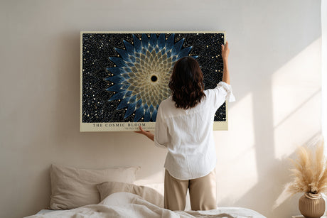 Paul Sinus Wandbild The Cosmic Bloom – Abstraktes Mandala in Blau und Gold, inspiriert von Energie, Licht und universeller Harmonie