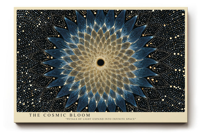 Paul Sinus Wandbild The Cosmic Bloom – Abstraktes Mandala in Blau und Gold, inspiriert von Energie, Licht und universeller Harmonie
