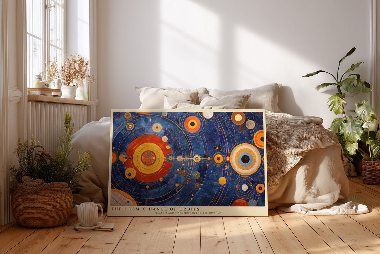 Paul Sinus Wandbild The Cosmic Dance of Orbits abstraktes Weltraummotiv mit Planeten und Bahnen in Blau-, Rot- und Goldtönen