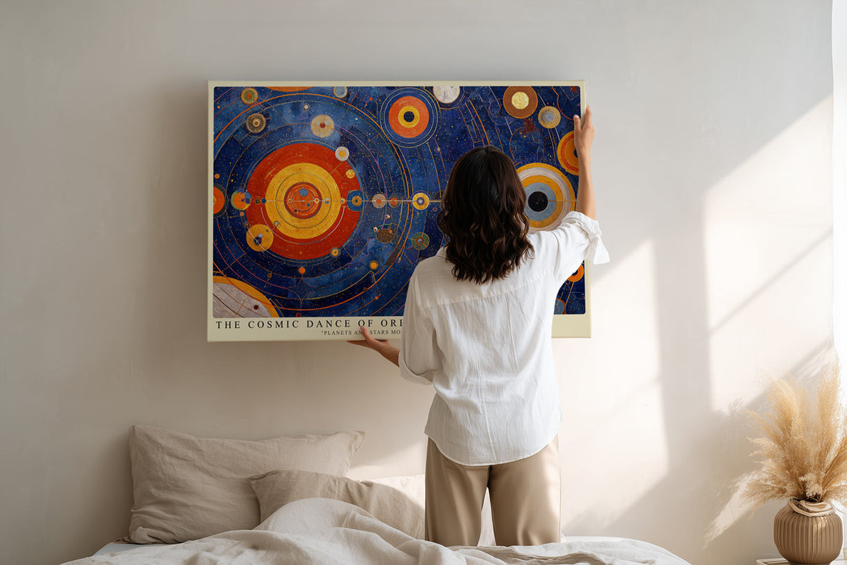 Paul Sinus Wandbild The Cosmic Dance of Orbits abstraktes Weltraummotiv mit Planeten und Bahnen in Blau-, Rot- und Goldtönen