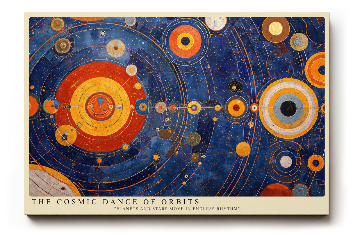 Paul Sinus Wandbild The Cosmic Dance of Orbits abstraktes Weltraummotiv mit Planeten und Bahnen in Blau-, Rot- und Goldtönen
