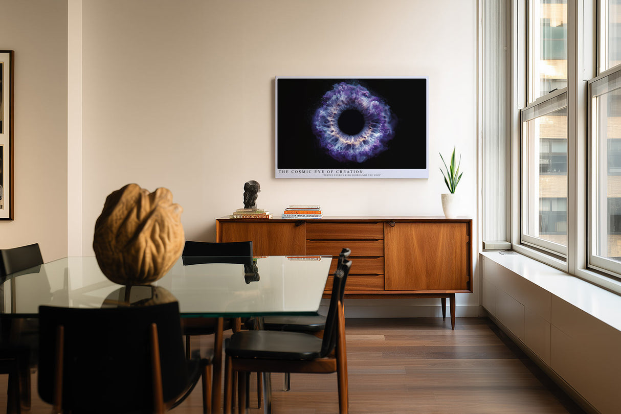 Paul Sinus Wandbild The Cosmic Eye of Creation – Abstrakte Darstellung eines energetischen Auges in Violett- und Blautönen, Symbol für Ursprung, Energie und Unendlichkeit
