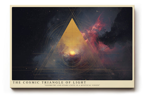 Paul Sinus Wandbild The Cosmic Triangle of Light Mystische Verschmelzung aus Geometrie und Weltraum in Gold und Dunkelrot, ein Symbol für Energie und Balance.