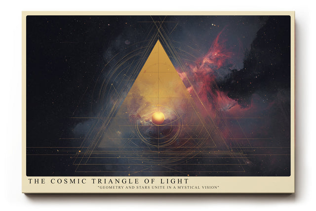 Paul Sinus Wandbild The Cosmic Triangle of Light Mystische Verschmelzung aus Geometrie und Weltraum in Gold und Dunkelrot, ein Symbol für Energie und Balance.