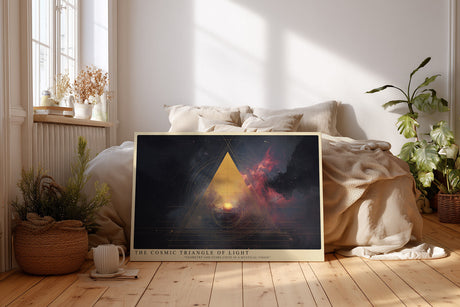 Paul Sinus Wandbild The Cosmic Triangle of Light Mystische Verschmelzung aus Geometrie und Weltraum in Gold und Dunkelrot, ein Symbol für Energie und Balance.
