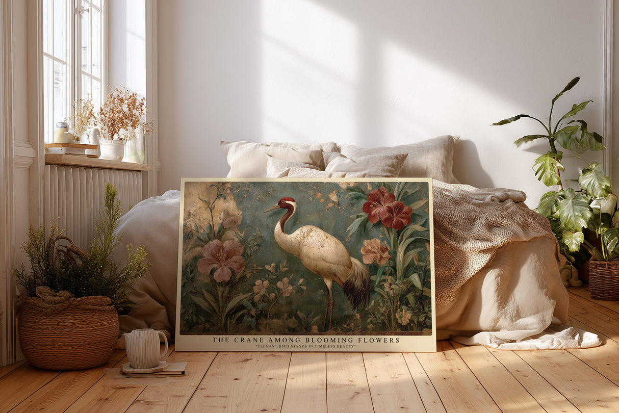 Paul Sinus Wandbild The Crane Among Blooming Flowers klassisches Naturmotiv mit Kranich und Blüten in warmen Erdtönen