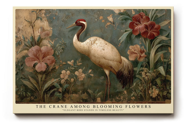 Paul Sinus Wandbild The Crane Among Blooming Flowers klassisches Naturmotiv mit Kranich und Blüten in warmen Erdtönen
