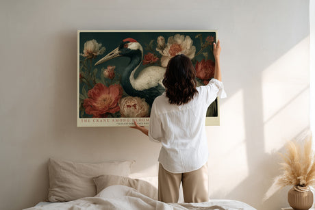 Paul Sinus Wandbild The Crane among Blooming Flowers – Prächtiger Kranich umgeben von Blüten, elegantes Naturmotiv in klassischer Farbkomposition
