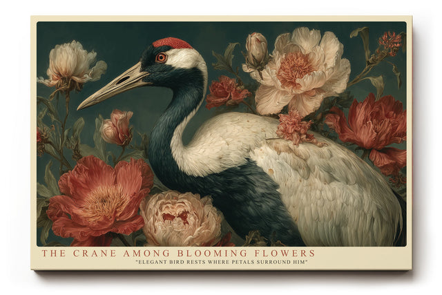 Paul Sinus Wandbild The Crane among Blooming Flowers – Prächtiger Kranich umgeben von Blüten, elegantes Naturmotiv in klassischer Farbkomposition