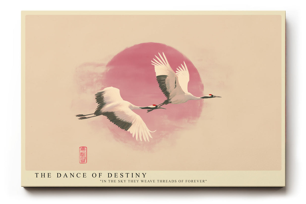 Paul Sinus Wandbild The Dance of Destiny Japanisch inspiriertes Motiv mit zwei fliegenden Kranichen vor roter Sonne – Symbol für Liebe, Treue und Ewigkeit.