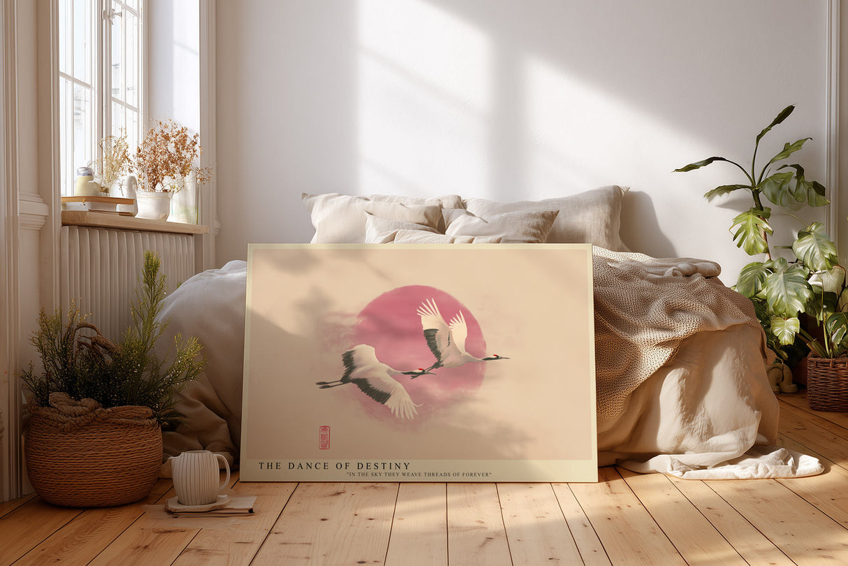 Paul Sinus Wandbild The Dance of Destiny Japanisch inspiriertes Motiv mit zwei fliegenden Kranichen vor roter Sonne – Symbol für Liebe, Treue und Ewigkeit.
