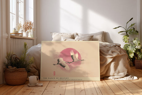 Paul Sinus Wandbild The Dance of Destiny Japanisch inspiriertes Motiv mit zwei fliegenden Kranichen vor roter Sonne – Symbol für Liebe, Treue und Ewigkeit.