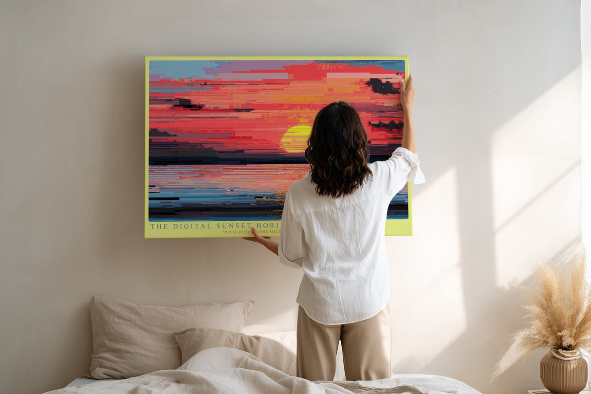 Paul Sinus Wandbild The Digital Sunset Horizon – Abstrakte Darstellung eines Sonnenuntergangs in digitaler Farbästhetik, Symbol für Moderne und Emotion