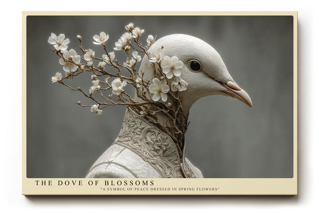 Paul Sinus Wandbild The Dove of Blossoms Symbolische Darstellung einer weißen Taube, geschmückt mit blühenden Zweigen, als Sinnbild für Frieden und Frühling.