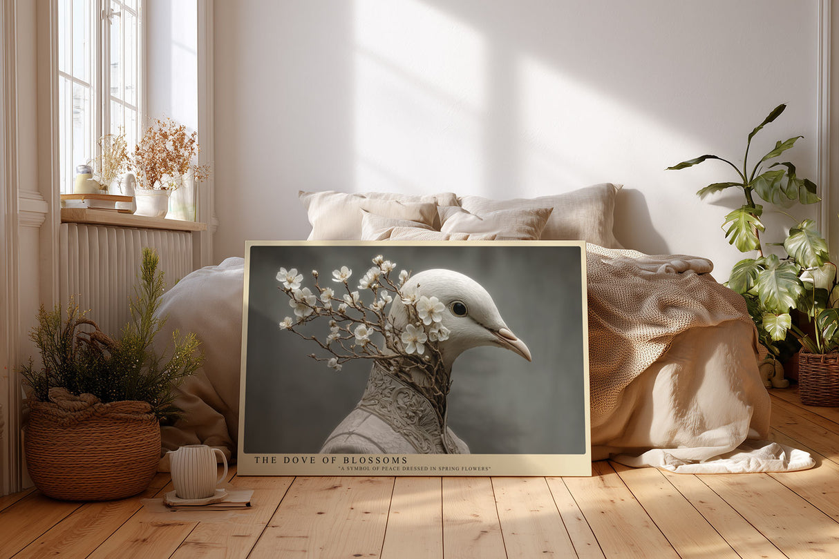 Paul Sinus Wandbild The Dove of Blossoms Symbolische Darstellung einer weißen Taube, geschmückt mit blühenden Zweigen, als Sinnbild für Frieden und Frühling.