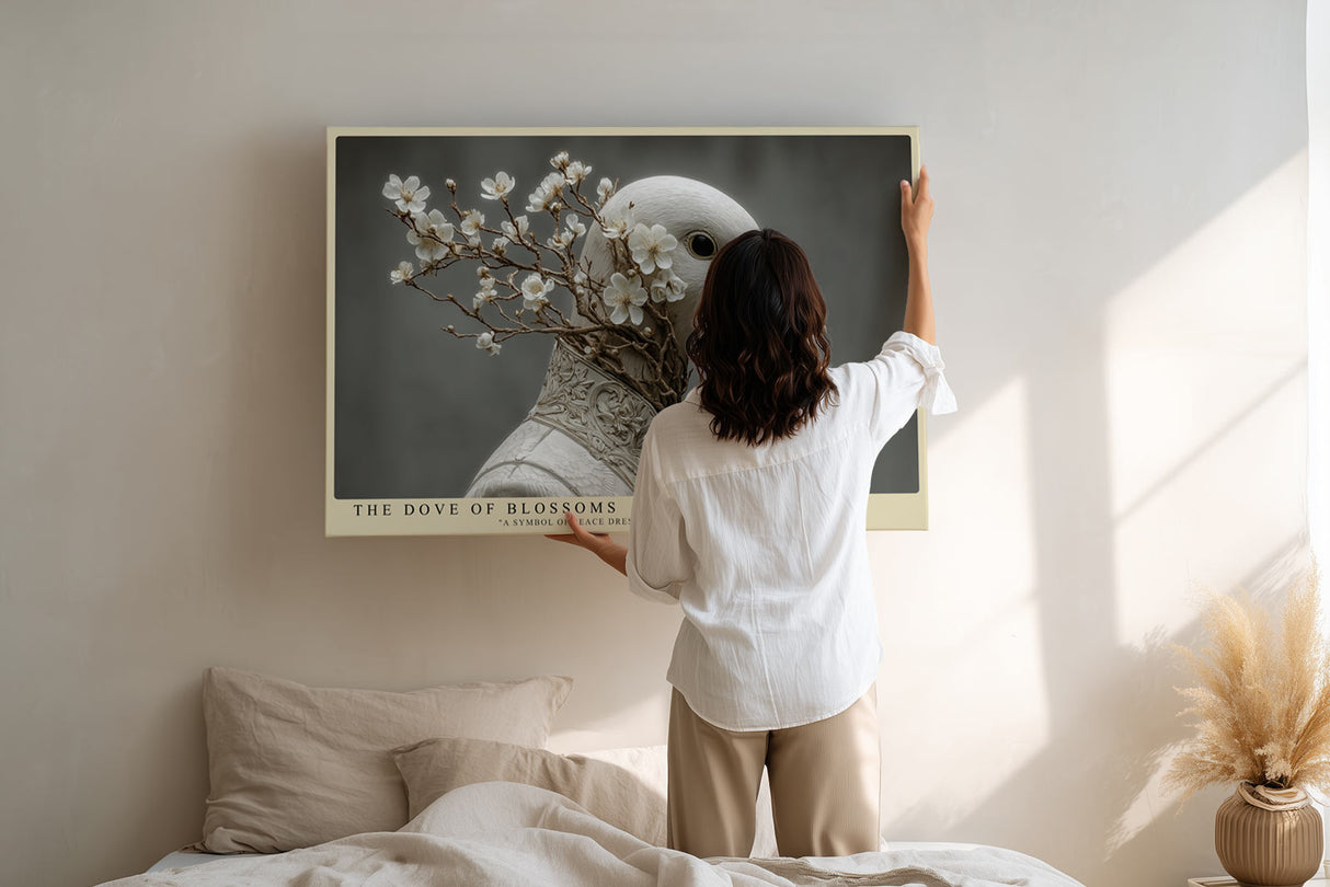 Paul Sinus Wandbild The Dove of Blossoms Symbolische Darstellung einer weißen Taube, geschmückt mit blühenden Zweigen, als Sinnbild für Frieden und Frühling.