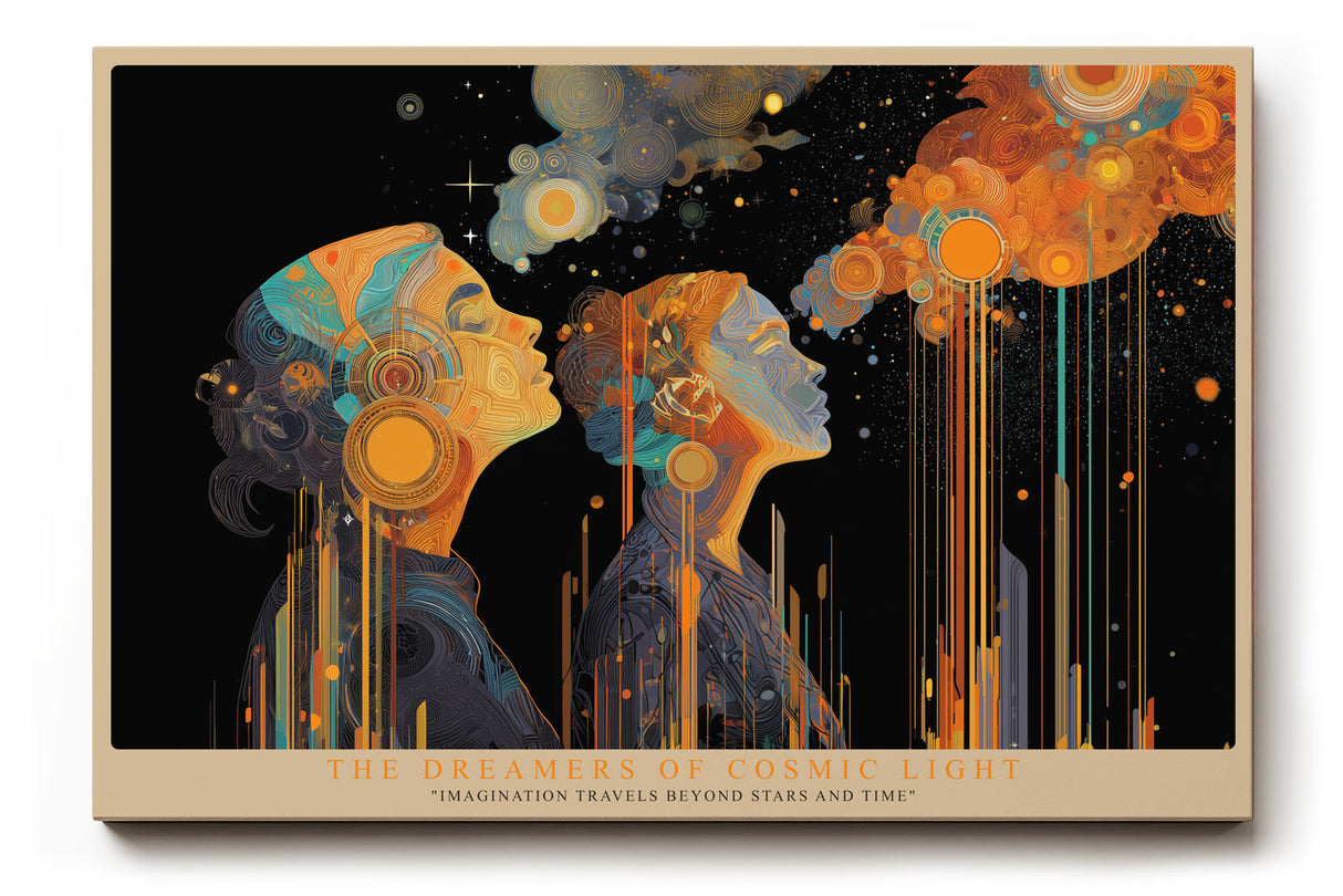Paul Sinus Wandbild The Dreamers of Cosmic Light farbenprächtige abstrakte Komposition mit zwei Figuren und leuchtenden Sphären