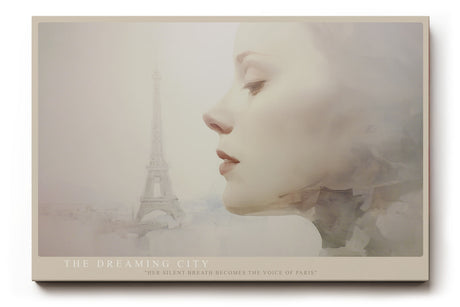 Paul Sinus Wandbild The Dreaming City Poetische Komposition aus weiblichem Porträt und dem Eiffelturm im Nebel – Symbol für Träume und Eleganz von Paris.