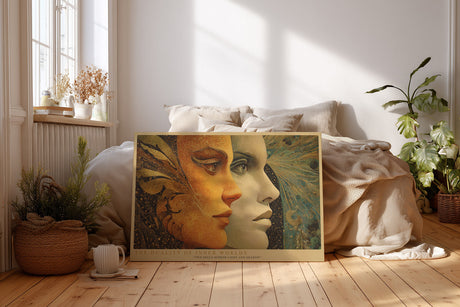 Paul Sinus Wandbild The Duality of Inner Worlds mystisches Porträtmotiv mit zwei kontrastierenden Gesichtern in Gold und Blau