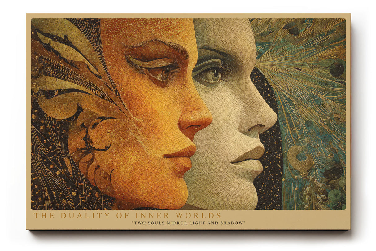 Paul Sinus Wandbild The Duality of Inner Worlds mystisches Porträtmotiv mit zwei kontrastierenden Gesichtern in Gold und Blau