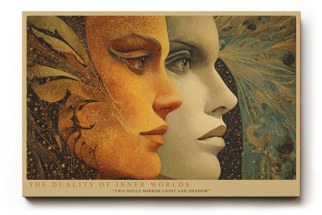 Paul Sinus Wandbild The Duality of Inner Worlds mystisches Porträtmotiv mit zwei kontrastierenden Gesichtern in Gold und Blau