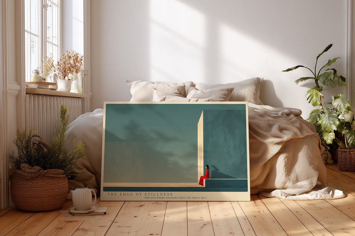 Paul Sinus Wandbild The Edge of Stillness – minimalistische Architektur mit Frau in Rot symbolisiert Ruhe, Isolation und stille Stärke