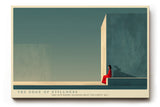 Paul Sinus Wandbild The Edge of Stillness – minimalistische Architektur mit Frau in Rot symbolisiert Ruhe, Isolation und stille Stärke
