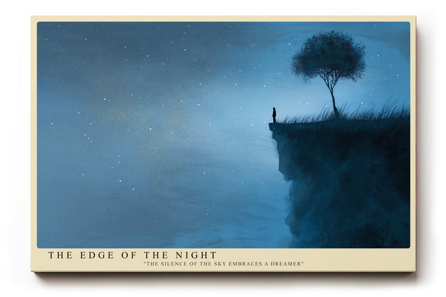 Paul Sinus Wandbild The Edge of the Night Poetisches Nachtmotiv mit einer einsamen Figur am Klippenrand unter funkelndem Sternenhimmel.