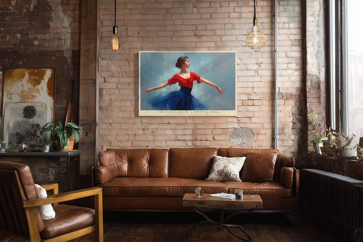 Paul Sinus Wandbild The Elegance of a Moving Soul – Anmutige Tänzerin in Bewegung, kunstvolles Porträt in Rot und Blau mit zeitloser Eleganz