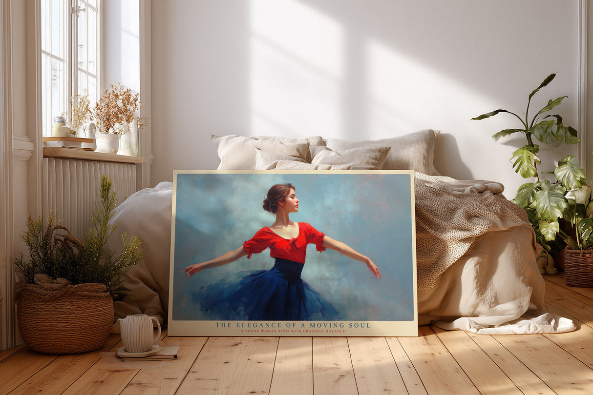 Paul Sinus Wandbild The Elegance of a Moving Soul – Anmutige Tänzerin in Bewegung, kunstvolles Porträt in Rot und Blau mit zeitloser Eleganz