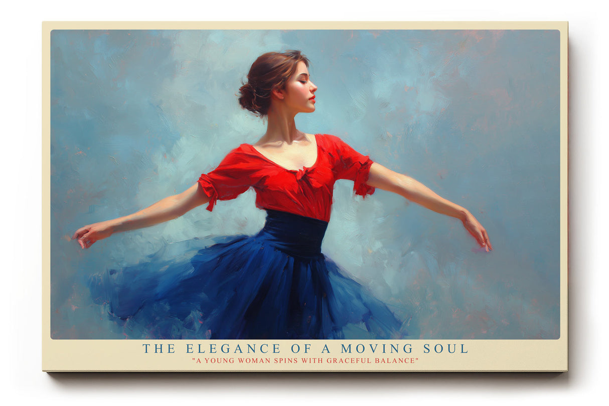 Paul Sinus Wandbild The Elegance of a Moving Soul – Anmutige Tänzerin in Bewegung, kunstvolles Porträt in Rot und Blau mit zeitloser Eleganz