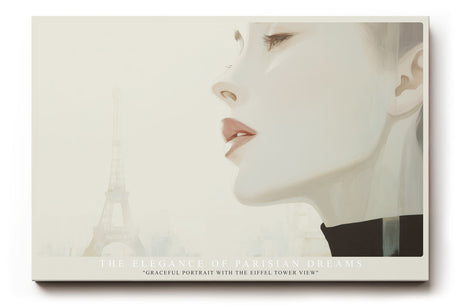 Paul Sinus Wandbild The Elegance of Parisian Dreams – Zartes Porträt einer Frau mit Eiffelturm im Hintergrund, Symbol für Stil, Anmut und französische Eleganz