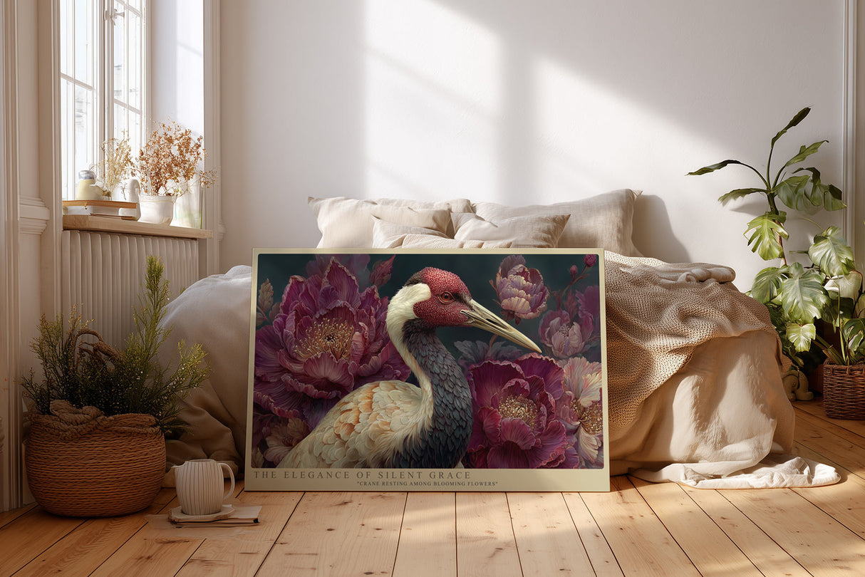 Paul Sinus Wandbild The Elegance of Silent Grace Crane Among Blossoms in Gentle Harmony