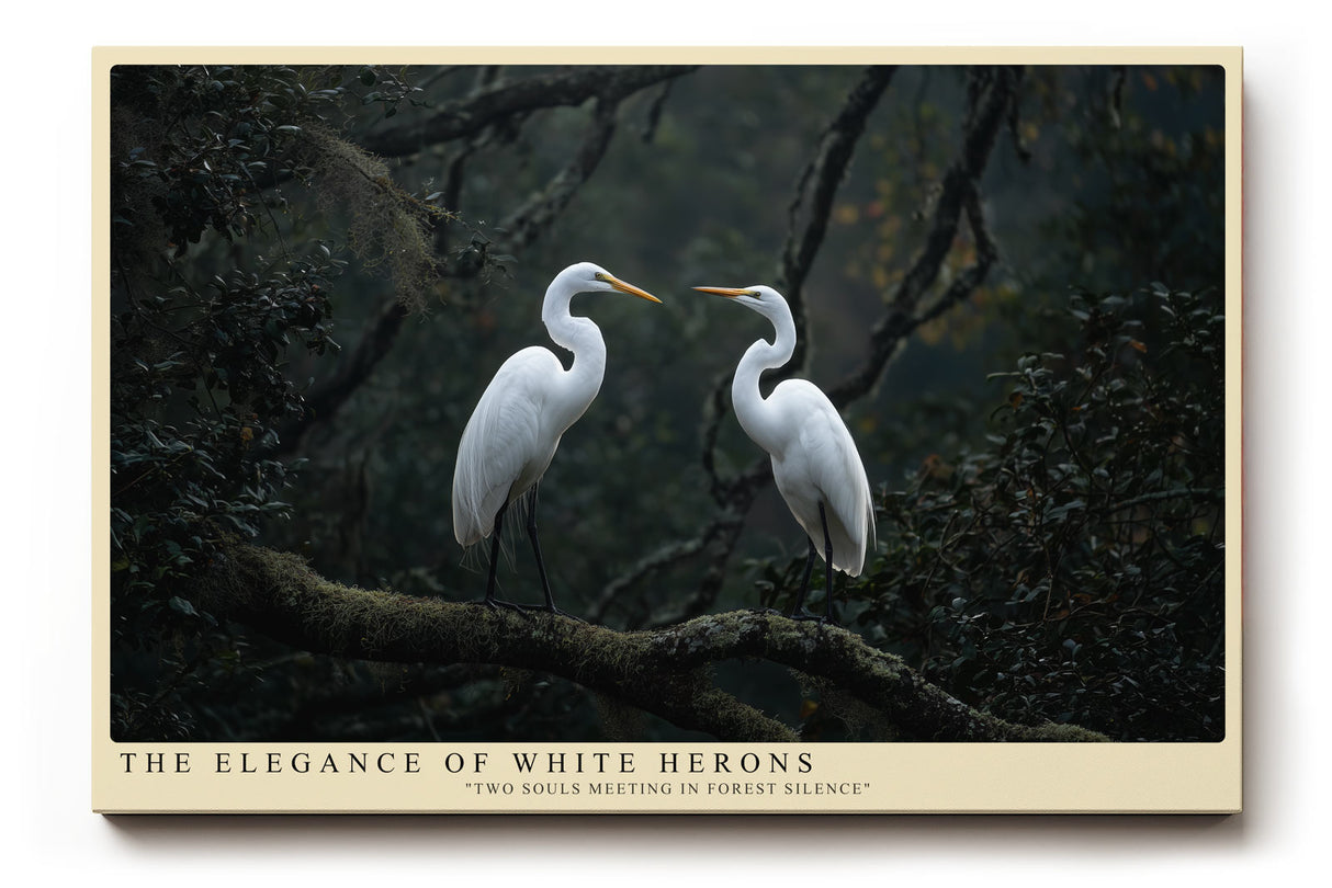 Paul Sinus Wandbild The Elegance of White Herons – Zwei Reiher im stillen Wald – Ästhetisches Wandbild mit natürlicher Harmonie und symbolischer Ruhe.