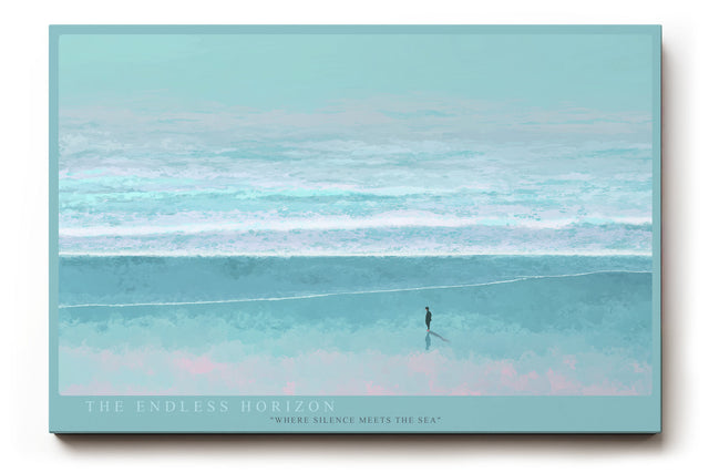 Paul Sinus Wandbild The Endless Horizon – Minimalistische Meereslandschaft mit sanften Blautönen und einsamem Spaziergänger am Ufer, Symbol für Ruhe, Weite und innere Einkehr