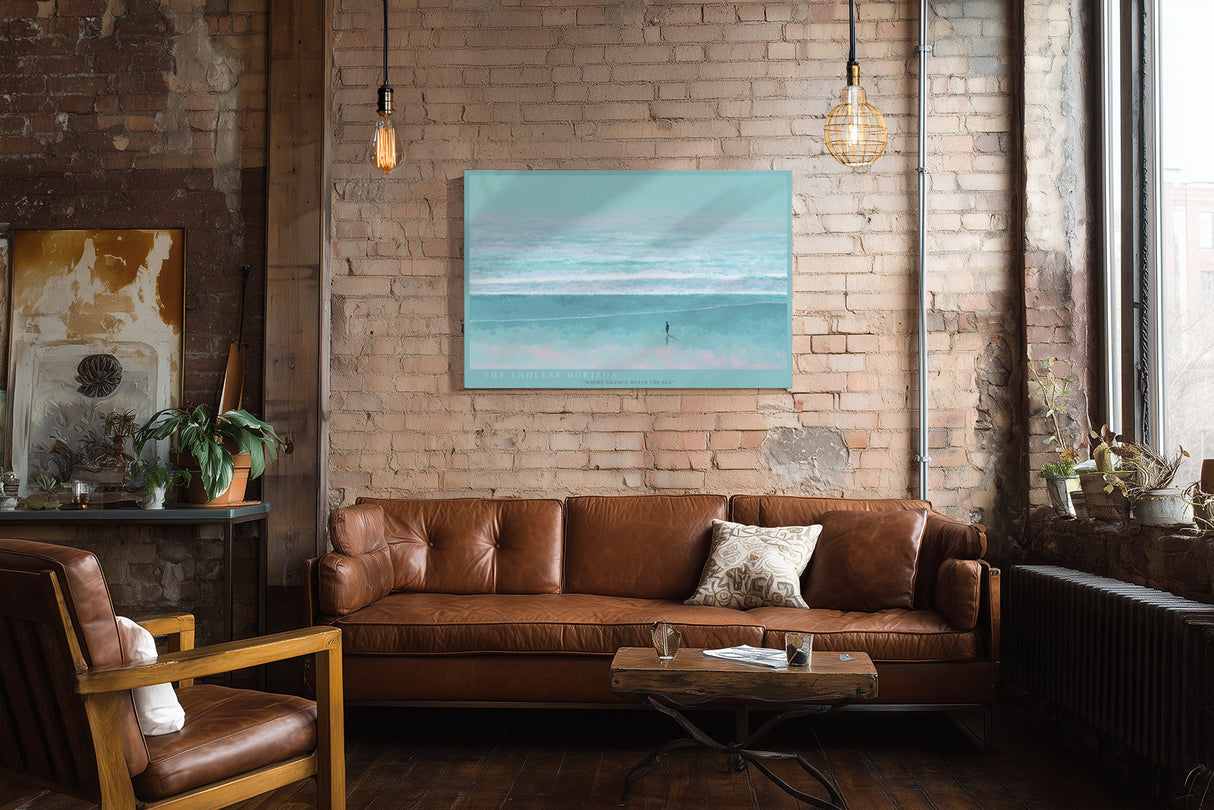 Paul Sinus Wandbild The Endless Horizon – Minimalistische Meereslandschaft mit sanften Blautönen und einsamem Spaziergänger am Ufer, Symbol für Ruhe, Weite und innere Einkehr