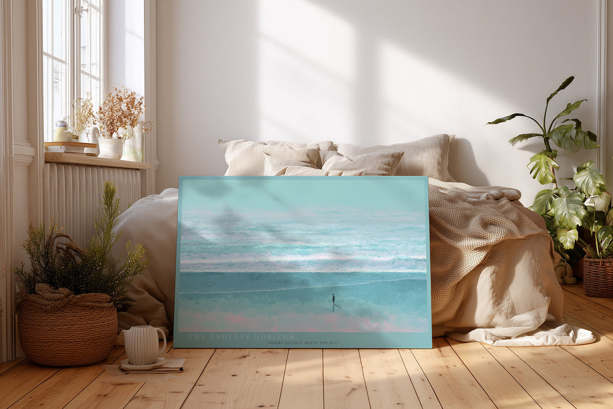 Paul Sinus Wandbild The Endless Horizon – Minimalistische Meereslandschaft mit sanften Blautönen und einsamem Spaziergänger am Ufer, Symbol für Ruhe, Weite und innere Einkehr