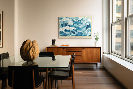 Paul Sinus Wandbild The Endless Motion of the Sea – Künstlerische Wellenillustration in Blautönen, dynamisches Meeresmotiv mit stilisierter Bewegung