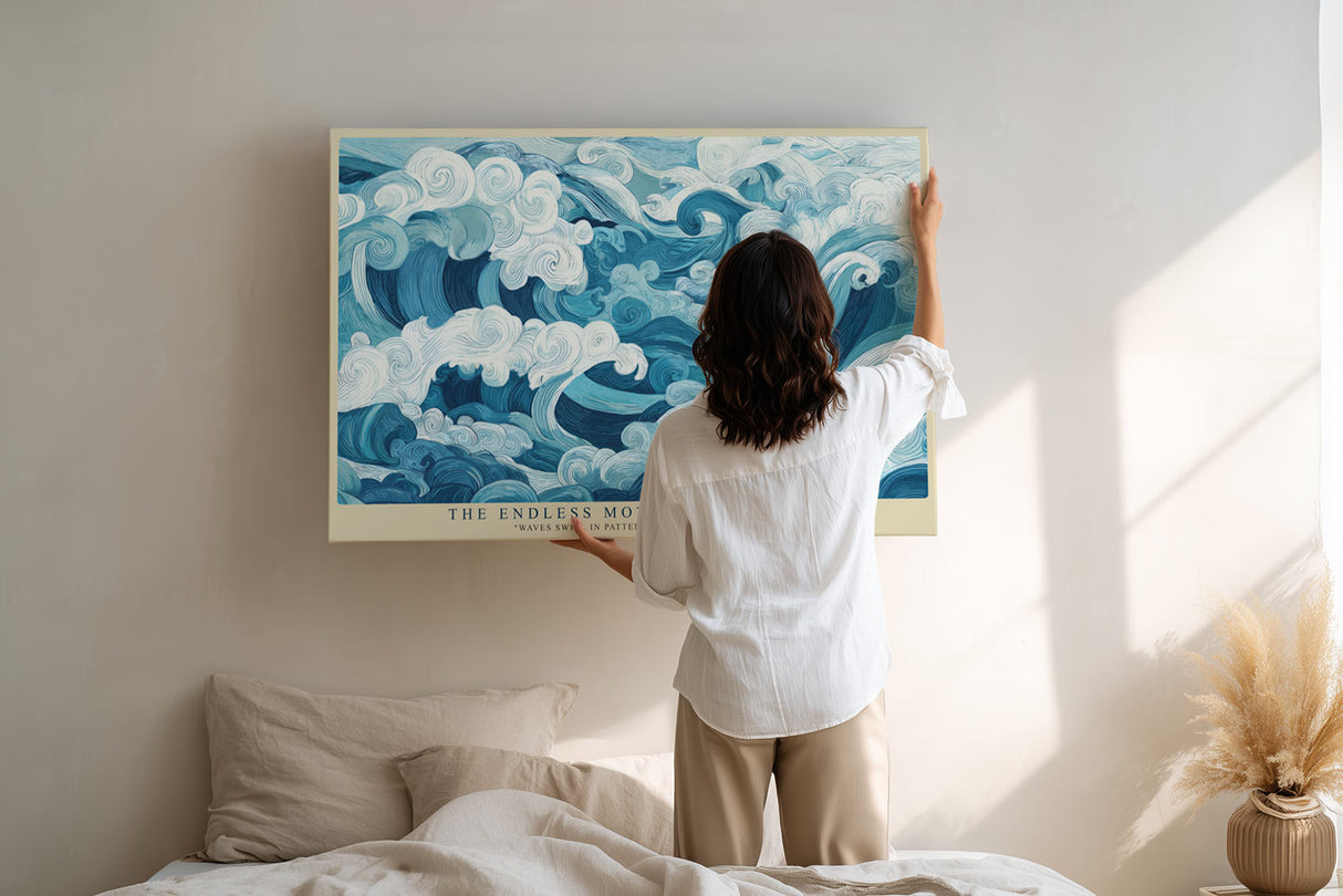 Paul Sinus Wandbild The Endless Motion of the Sea – Künstlerische Wellenillustration in Blautönen, dynamisches Meeresmotiv mit stilisierter Bewegung