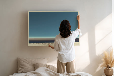 Paul Sinus Wandbild The Endless Road to Horizon – Minimalistische Straßenlandschaft mit Telegrafenmasten in kühler Weite, Symbol für Reise, Einsamkeit und Perspektive