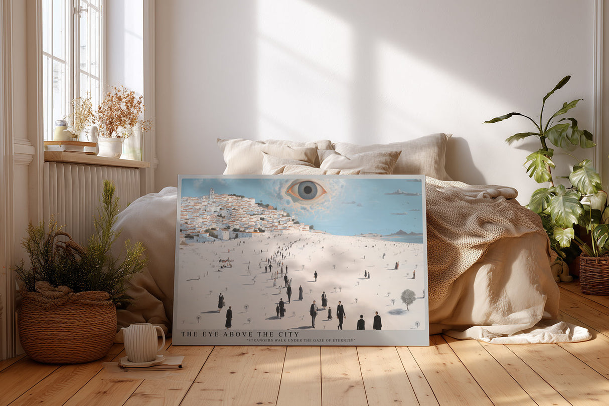 Paul Sinus Wandbild The Eye Above the City – surreales Stadtmotiv mit wachendem Auge symbolisiert Beobachtung, Bewusstsein und die Weite der Existenz