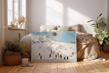 Paul Sinus Wandbild The Eye Above the City – surreales Stadtmotiv mit wachendem Auge symbolisiert Beobachtung, Bewusstsein und die Weite der Existenz