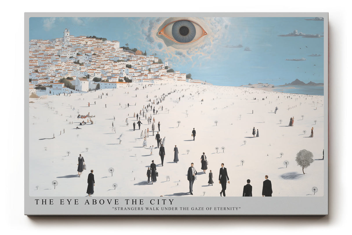 Paul Sinus Wandbild The Eye Above the City – surreales Stadtmotiv mit wachendem Auge symbolisiert Beobachtung, Bewusstsein und die Weite der Existenz