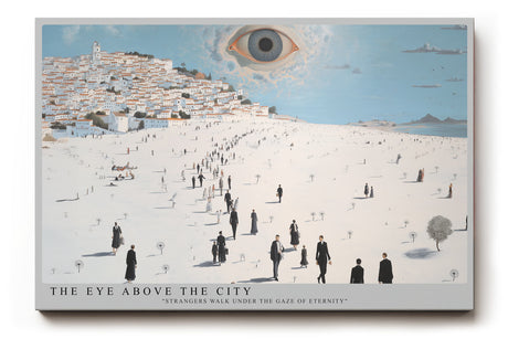 Paul Sinus Wandbild The Eye Above the City – surreales Stadtmotiv mit wachendem Auge symbolisiert Beobachtung, Bewusstsein und die Weite der Existenz